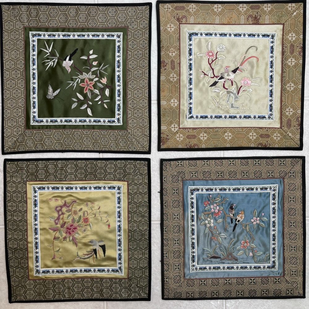 Vtg 4 Embroidered Chinese Silk Square Embroidery Panels Birds Flowers‎ Asian Art